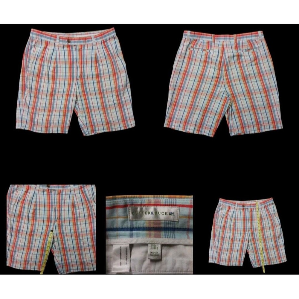 Cutter & Buck Shorts Mens 36 Orange Blue Plaid Golf Chino Bottoms Adult